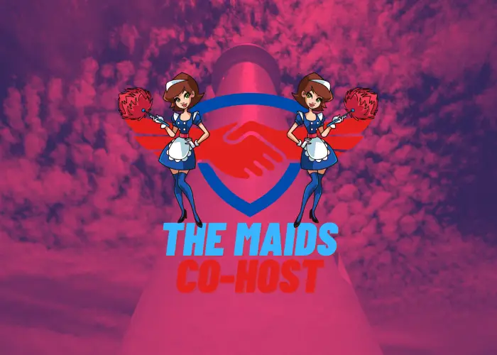 The Maids co host logo against aireys inlet light house